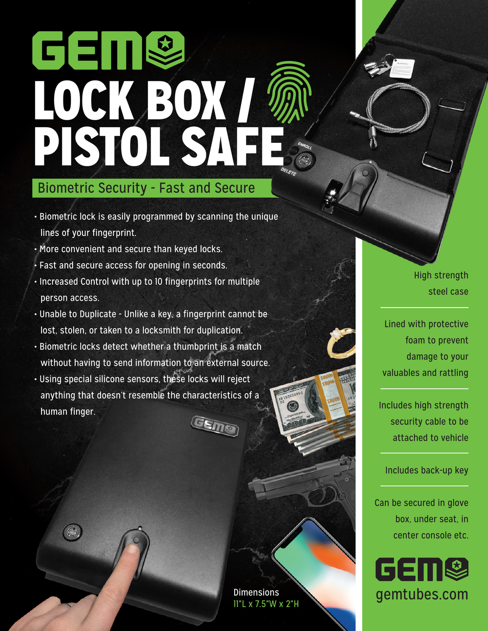 Finger Lockbox GEM Fingerprint Scanner Lock Box / Pistol Safe - Biometric Security ...